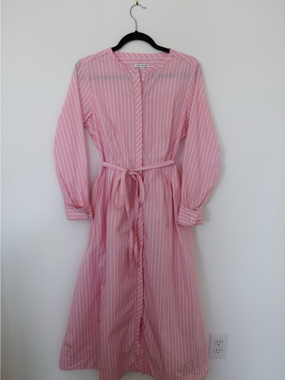 Striped Pink Tie-Waist Long Sleeve Shirt Dress